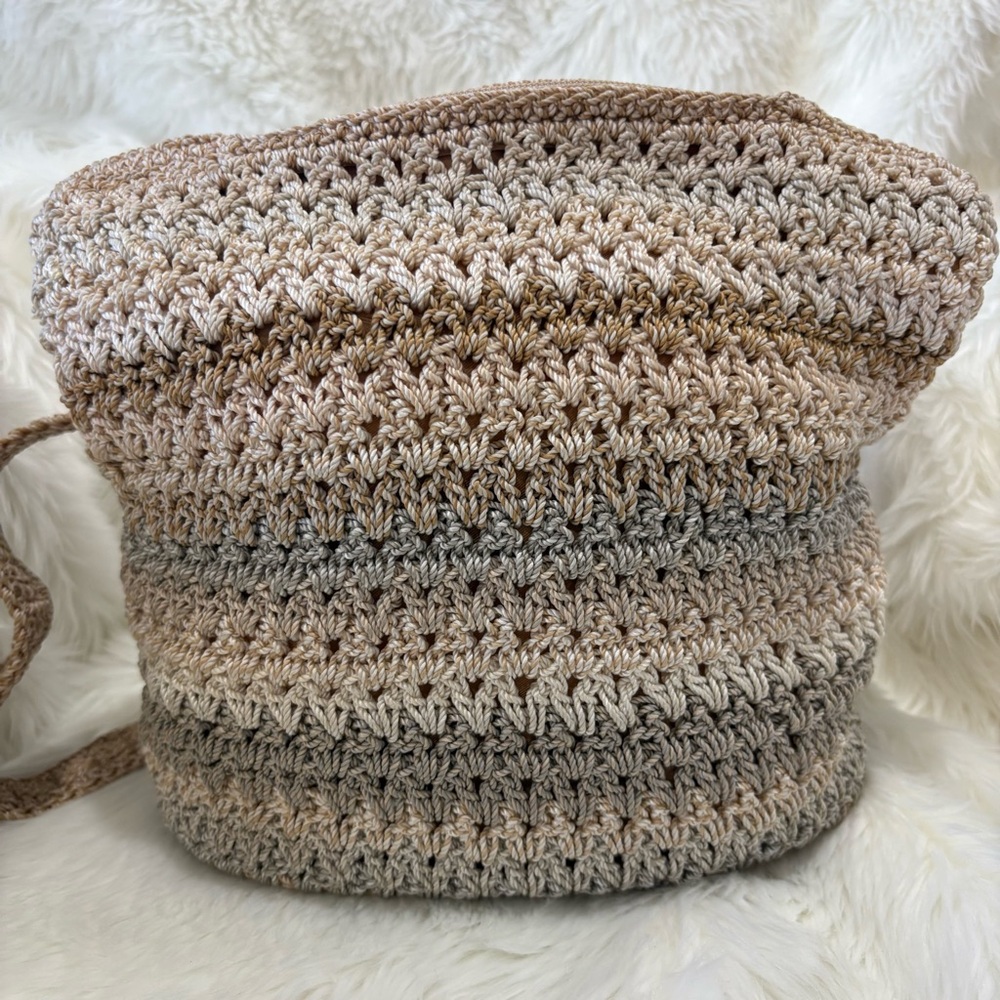 The Sak Crochet Ombre Boho Knit Tassel Hobo Crossbody Bag in Beige and Brown - Picture 2 of 10
